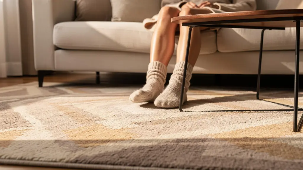 Alfombra correctamente dimensionada unificando la zona de estar