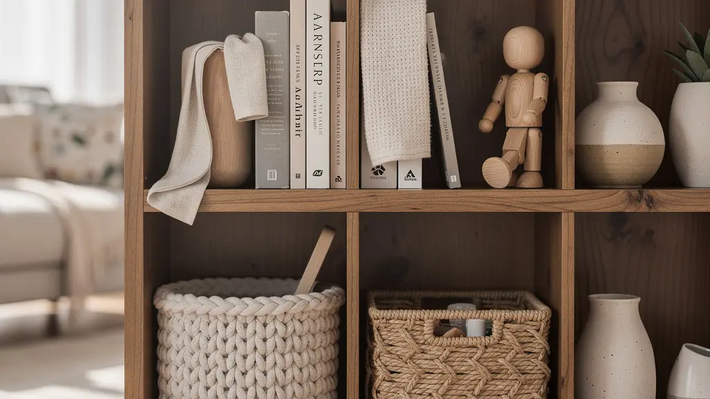 Sistema de cubículos personalizados integrados en salón familiar con objetos personales organizados