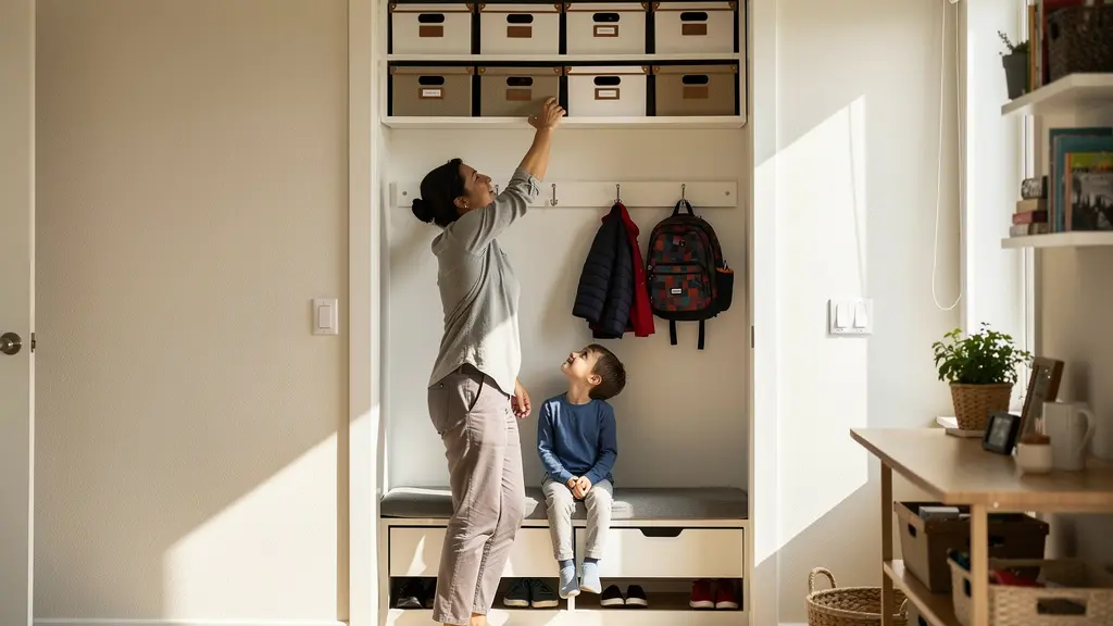 Un sistema de almacenaje vertical inteligente en un pasillo familiar, aprovechando la altura sobre las puertas y con un banco zapatero.
