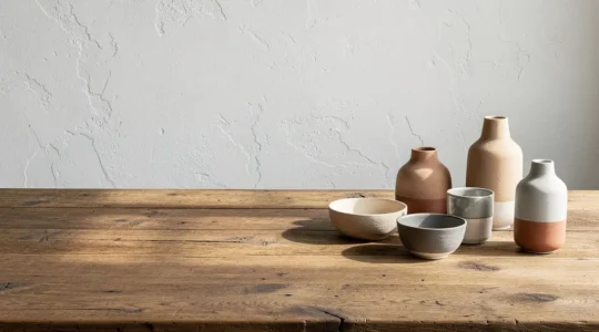 Mesa de madera maciza con vajilla cerámica artesanal imperfecta en ambiente minimalista con luz natural