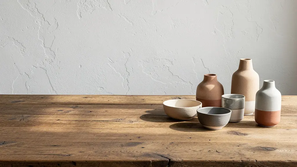 Mesa de madera maciza con vajilla cerámica artesanal imperfecta en ambiente minimalista con luz natural