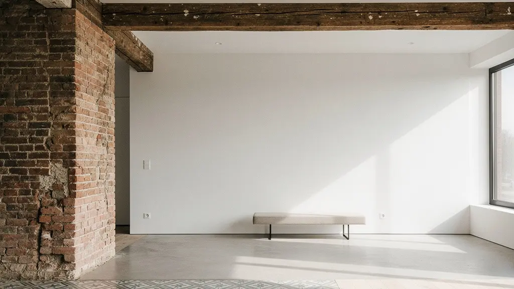 Interior moderno con elementos arquitectónicos antiguos integrados armoniosamente en el diseño contemporáneo