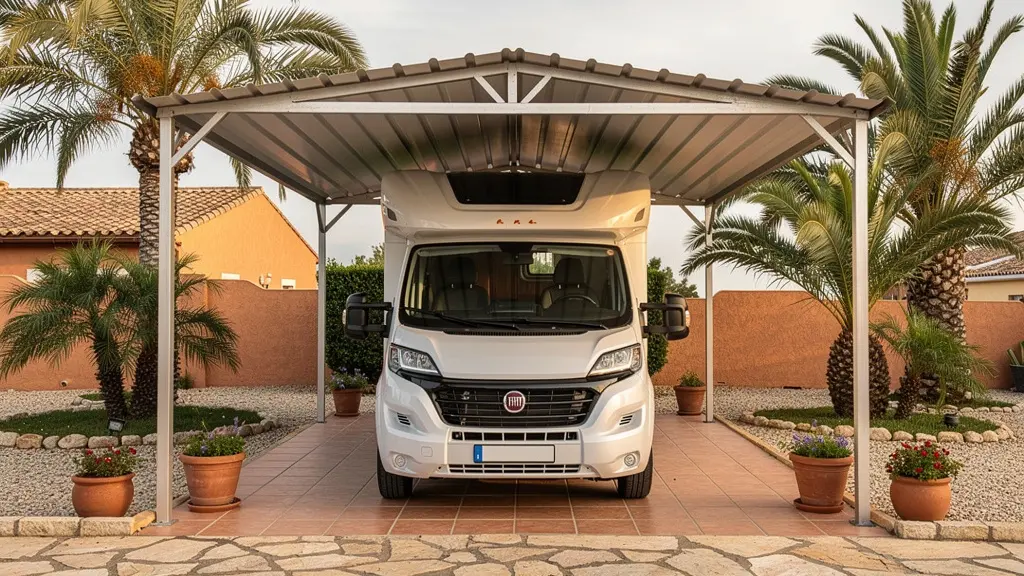Autocaravana aparcada bajo carport de aluminio con espacio visible sobre el techo