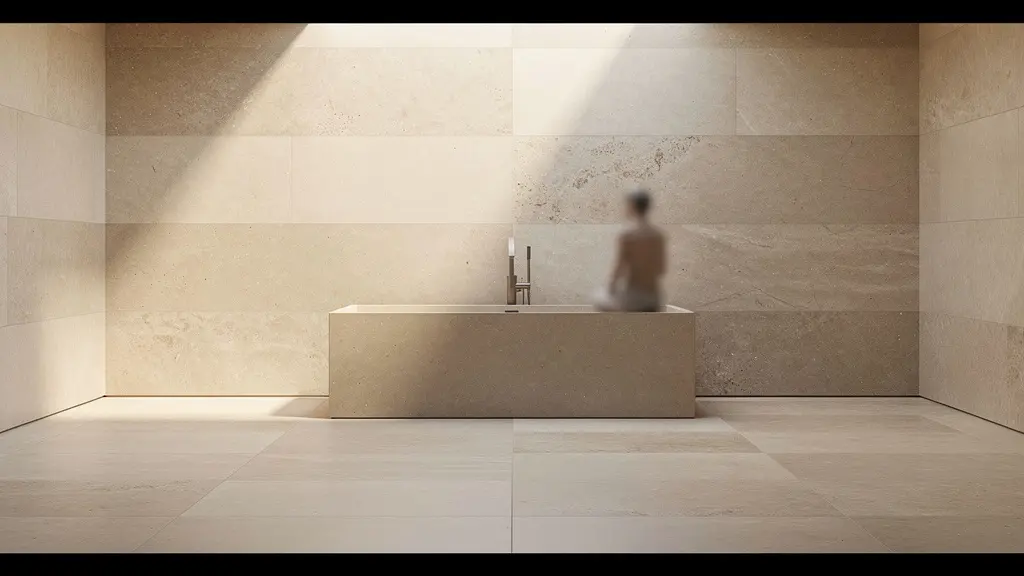 Espacio de baño con diseño envolvente y superficies continuas que transmiten calma