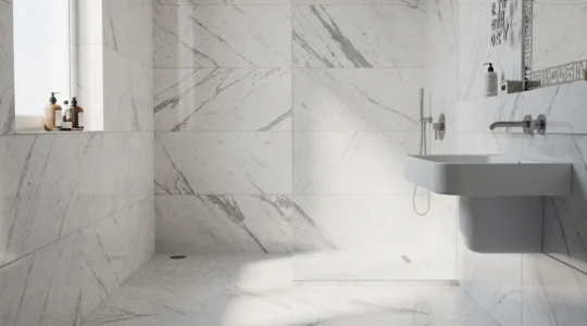 Baño pequeño moderno con revestimiento cerámico de gran formato en tonos mármol