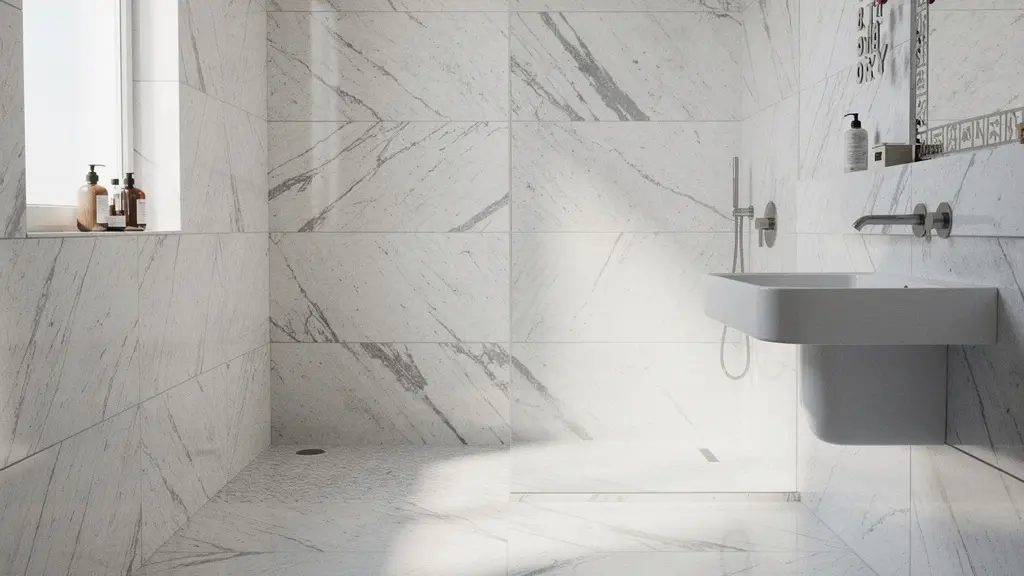 Baño pequeño moderno con revestimiento cerámico de gran formato en tonos mármol