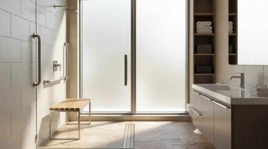 Baño adaptado con barras de apoyo y superficie antideslizante para personas mayores