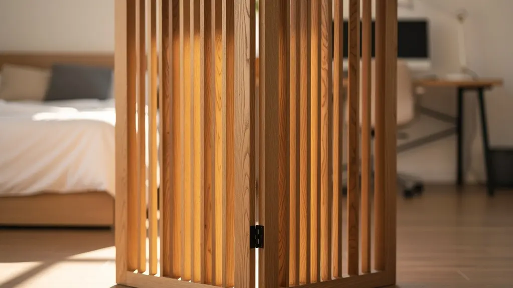 Biombo de listones de madera natural separando zona de trabajo y descanso en dormitorio luminoso