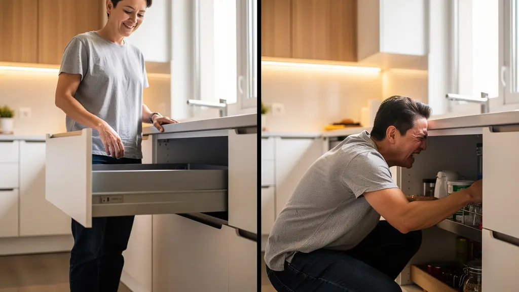 Comparación ergonómica entre cajón extraíble y balda tradicional en cocina