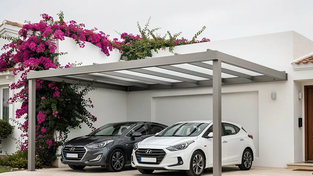 Carport de aluminio fijado a fachada de vivienda mediterránea con dos coches