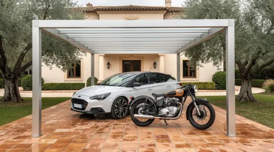 Carport de aluminio protegiendo coche y moto en entrada de chalet mediterráneo