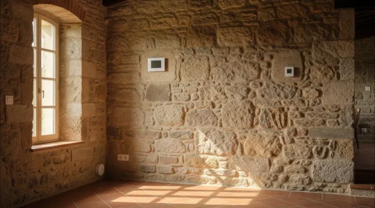 Casa antigua de piedra con tecnología domótica integrada sin obras visibles