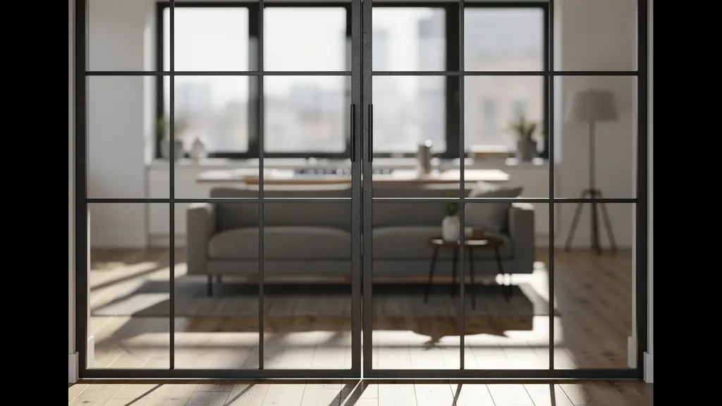 Elegante cerramiento de cristal con perfiles de hierro negro separando cocina y salón