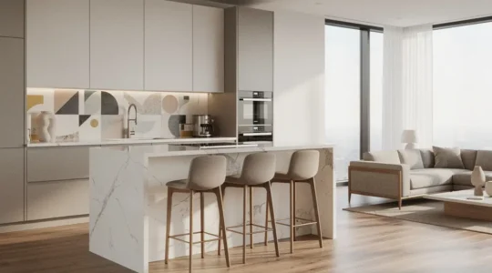 Vista panorámica de una cocina moderna integrada con el salón tras derribar tabique divisorio