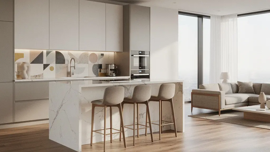 Vista panorámica de una cocina moderna integrada con el salón tras derribar tabique divisorio