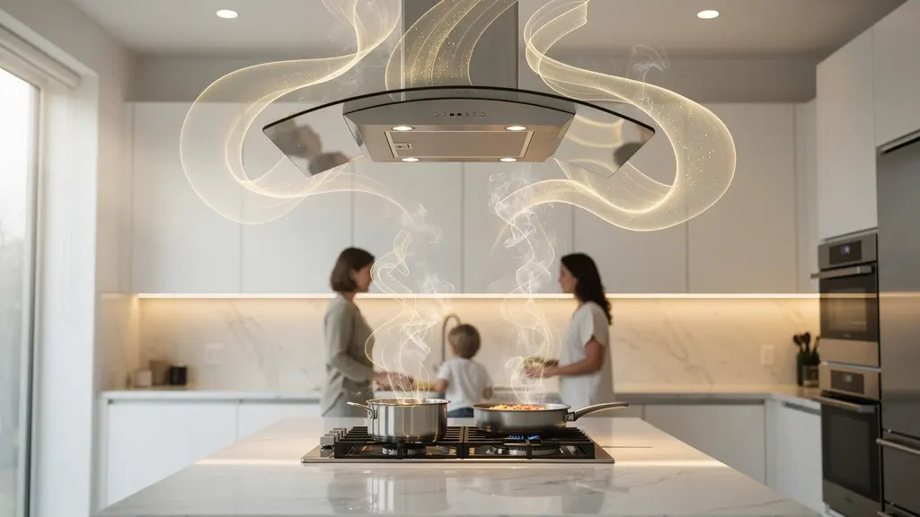 Cocina abierta moderna con sistema de ventilación integrado y familia cocinando