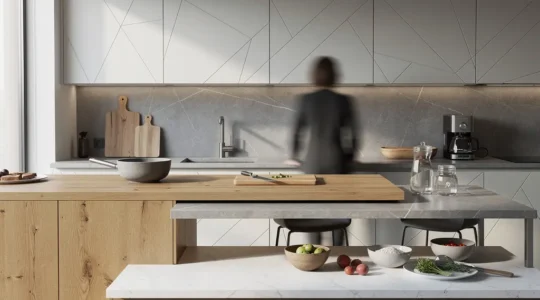 Cocina moderna con encimera ajustable mostrando diferentes alturas de trabajo para evitar dolores de espalda