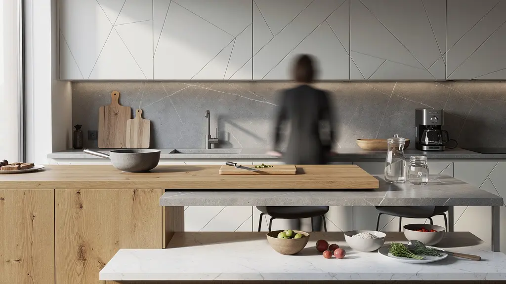 Cocina moderna con encimera ajustable mostrando diferentes alturas de trabajo para evitar dolores de espalda
