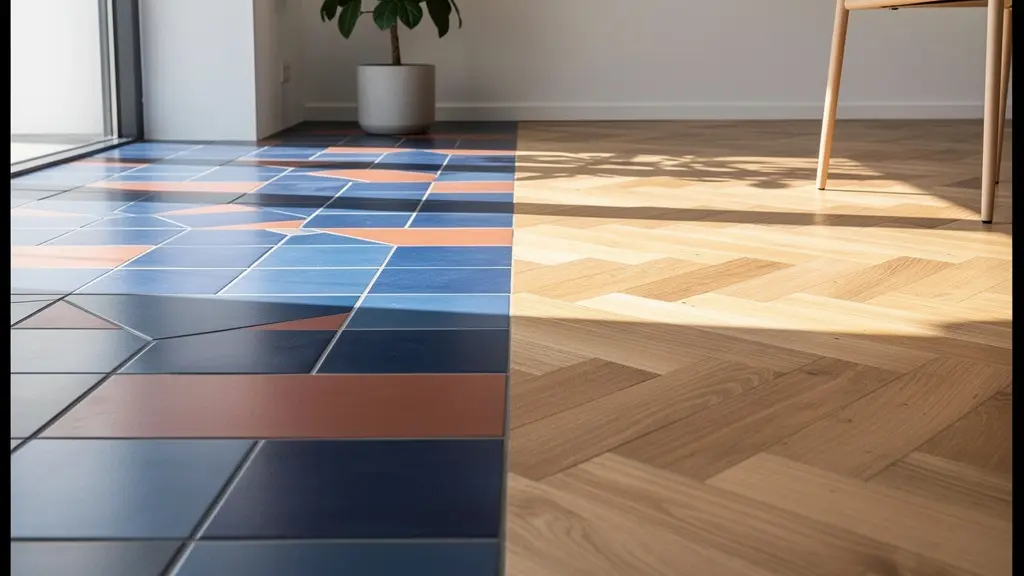 Transición elegante entre baldosa hidráulica geométrica y parquet de roble