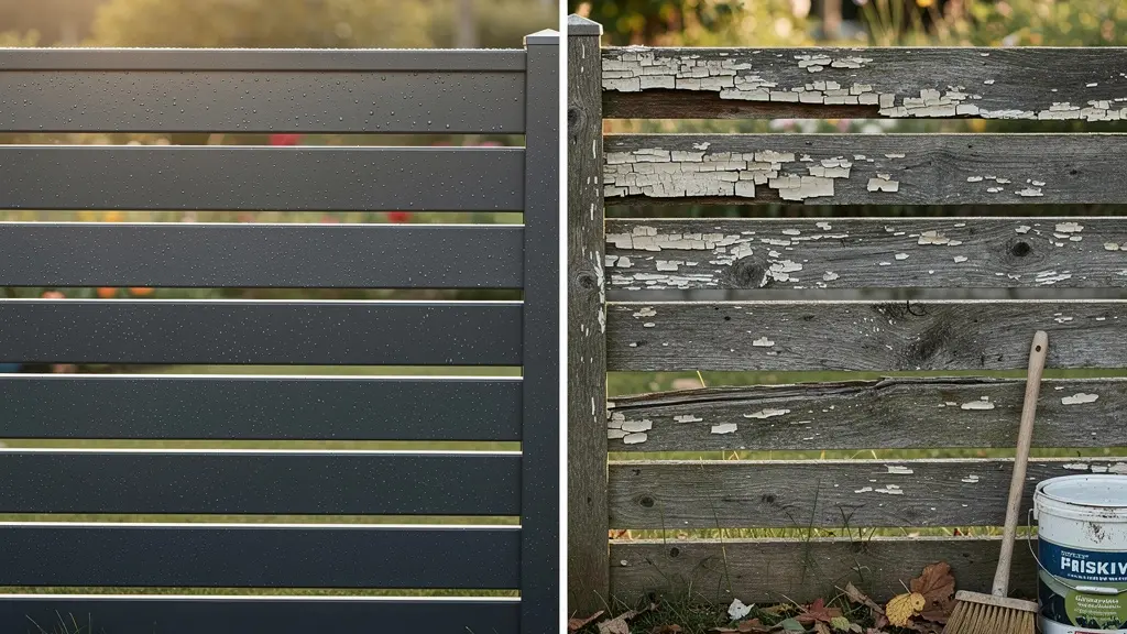 Comparación visual del estado de valla de aluminio y madera tras 10 años de exposición