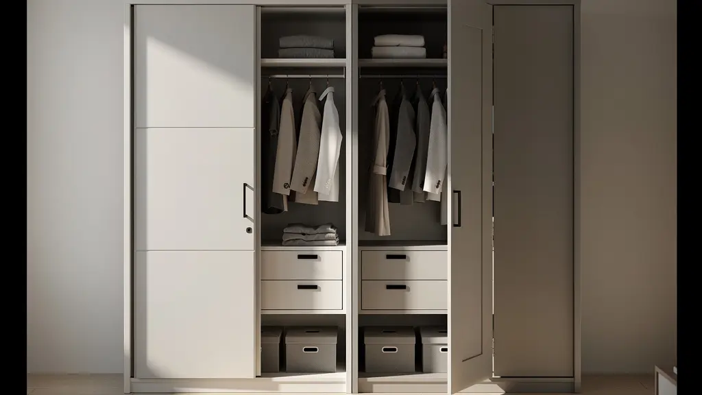 Comparación visual entre sistema de puertas correderas y abatibles en armario empotrado