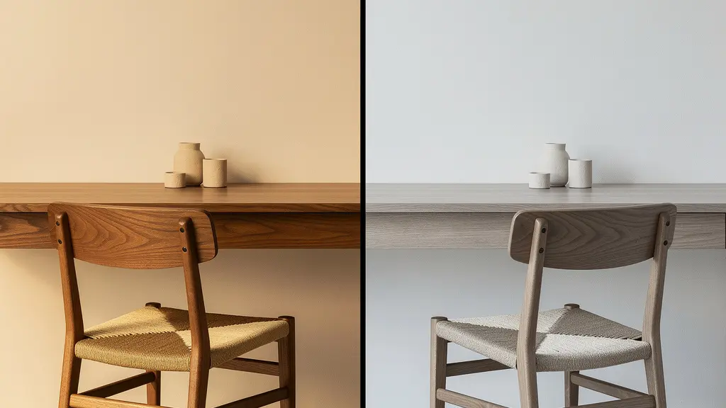 Comparación visual de cómo una luz de 3000K realza la calidez de la madera frente a una luz de 4000K que la hace ver más fría y plana.