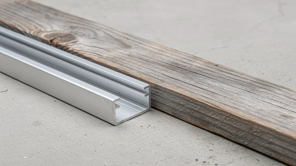 Perfil de aluminio junto a tablón de madera deteriorado mostrando diferencia de resistencia