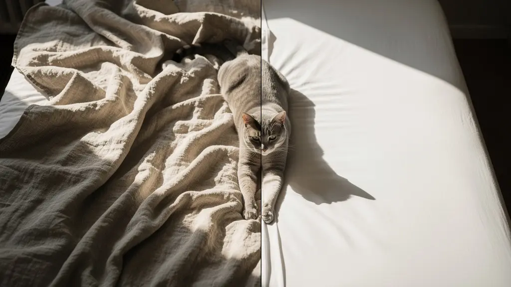 Vista cenital de cama con mitad en lino lavado y mitad en algodón percal, con gato descansando