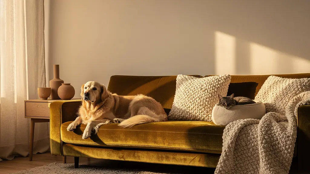Espacio de salón acogedor con sofá tapizado en tejido texturizado donde descansa un perro dorado y un gato sobre cojines de lana