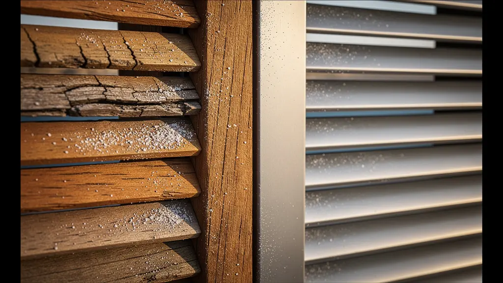Detalle macro de contraventanas de madera y aluminio con efectos del salitre marino
