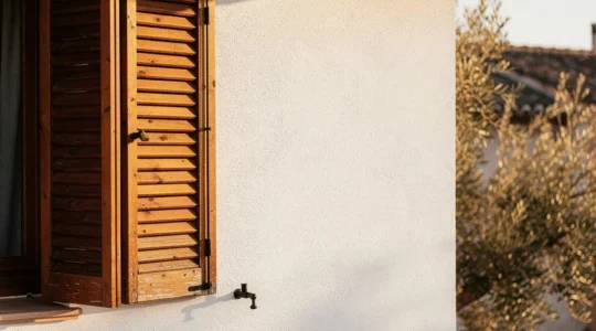 Contraventanas mallorquinas de madera en fachada mediterránea iluminada por luz dorada