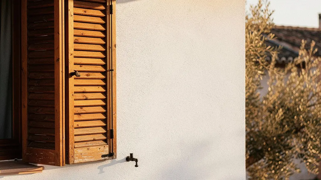 Contraventanas mallorquinas de madera en fachada mediterránea iluminada por luz dorada