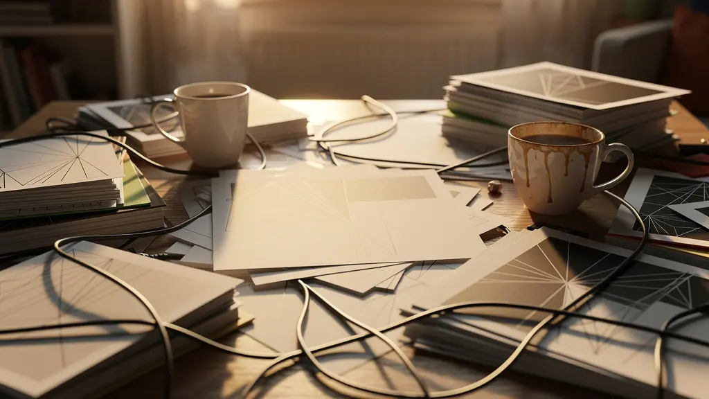 Escritorio desordenado con papeles, cables enredados y tazas acumuladas creando sensación de caos visual al atardecer