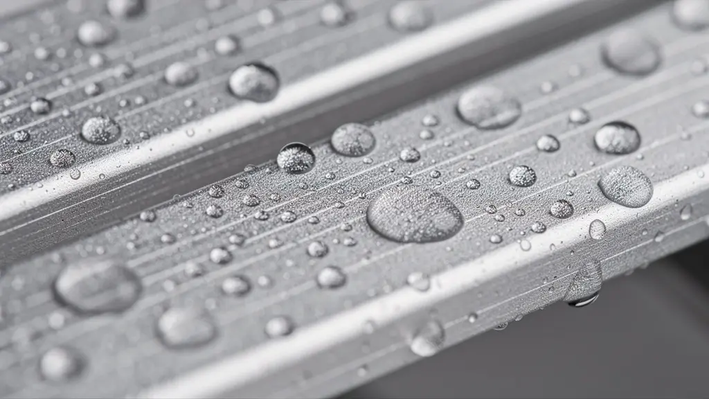 Detalle macro de la superficie de una lama de aluminio con gotas de agua, mostrando la integridad de su acabado protector.