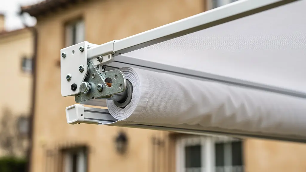 Detalle de mecanismo cofre de toldo mostrando sistema protección lona