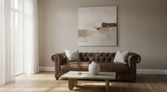 Salón moderno con paleta neutra mostrando diseño atemporal con materiales naturales