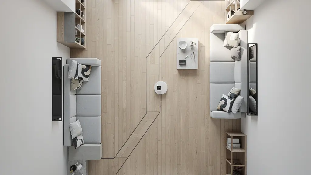 Vista aérea de distribución de muebles creando línea visual directa en piso alargado
