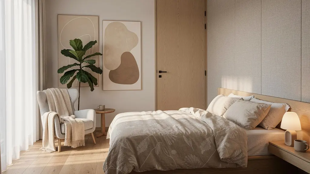 Dormitorio diseñado con principios de neuroarquitectura mostrando posición estratégica de la cama