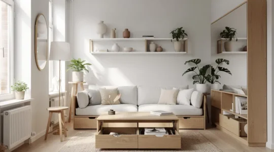 Interior luminoso de un piso de 60m² optimizado con soluciones de almacenaje inteligente para una familia