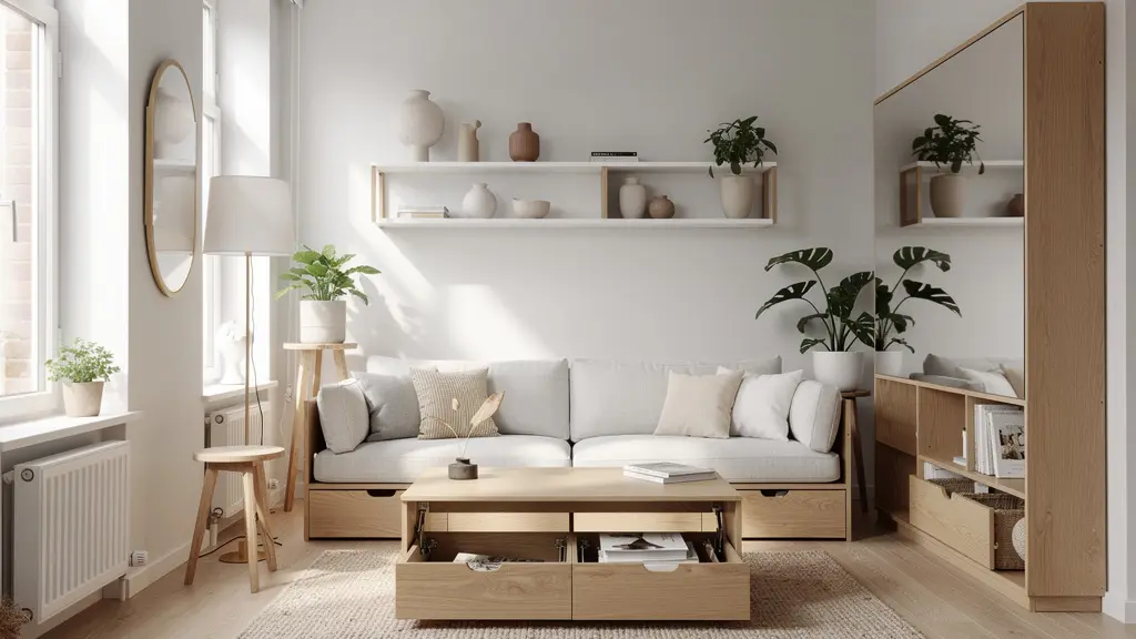 Interior luminoso de un piso de 60m² optimizado con soluciones de almacenaje inteligente para una familia