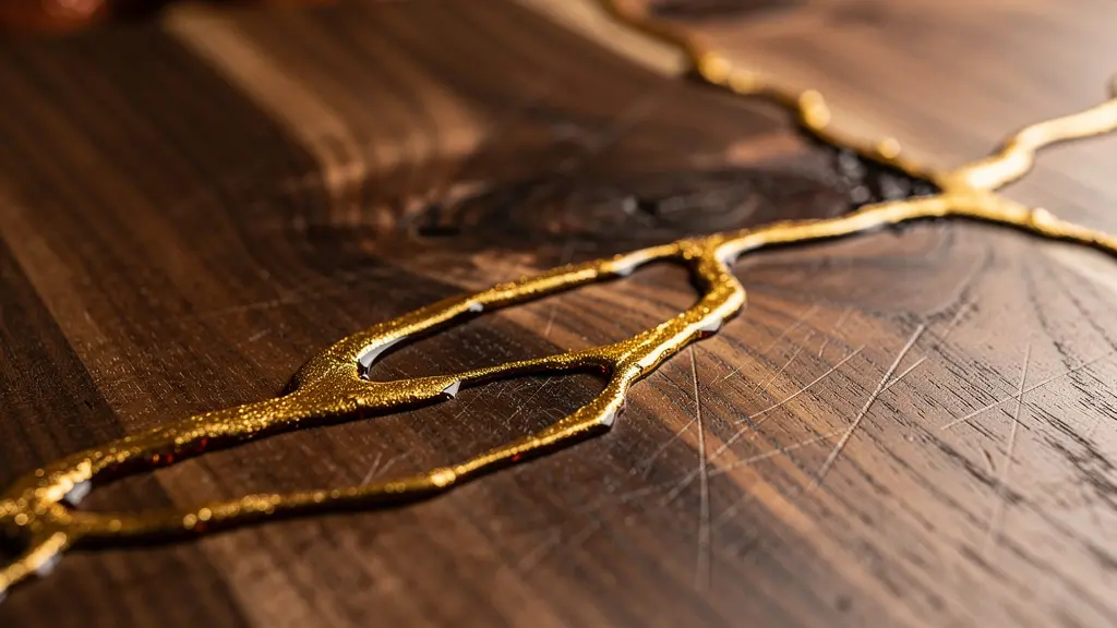 Detalle macro de encimera de madera maciza mostrando vetas naturales y marcas de uso con acabado dorado tipo kintsugi