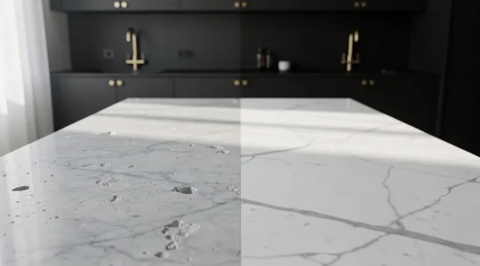 Encimera de cocina dividida mostrando mármol natural con vetas y porcelánico imitación mármol en ambiente luminoso