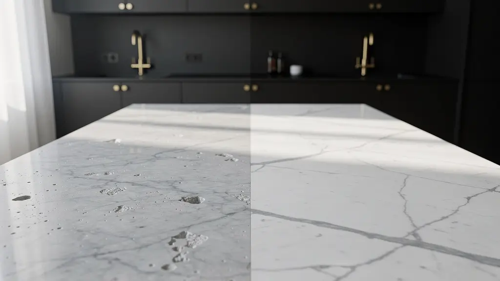 Encimera de cocina dividida mostrando mármol natural con vetas y porcelánico imitación mármol en ambiente luminoso