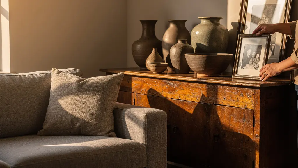 Salón con sofá minimalista contemporáneo equilibrado con consola antigua y colección de objetos heredados
