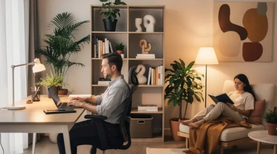 Espacio de trabajo remoto perfectamente organizado con separación visual entre zona profesional y área de descanso en un hogar moderno
