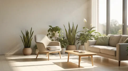 Espacio interior luminoso con plantas purificadoras y mobiliario ergonómico que promueve el bienestar
