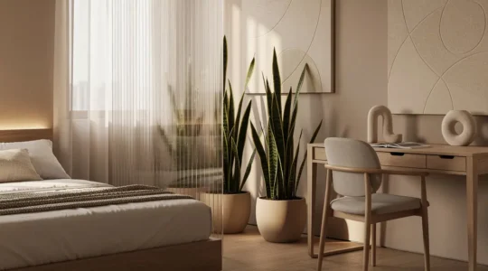 Dormitorio moderno con zona de trabajo delimitada por biombo y plantas, luz natural filtrándose por ventana