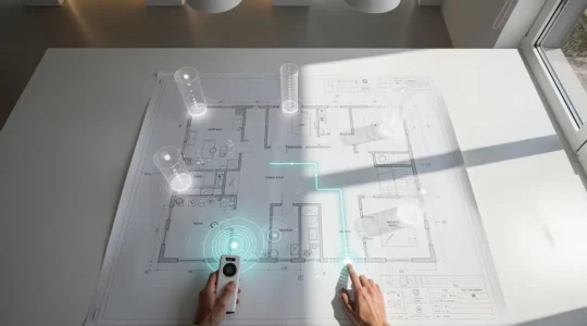 Arquitecto analizando plano de iluminación con proyecciones holográficas de distribución lumínica en casa moderna