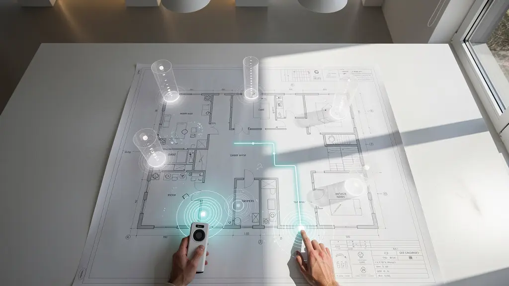 Arquitecto analizando plano de iluminación con proyecciones holográficas de distribución lumínica en casa moderna