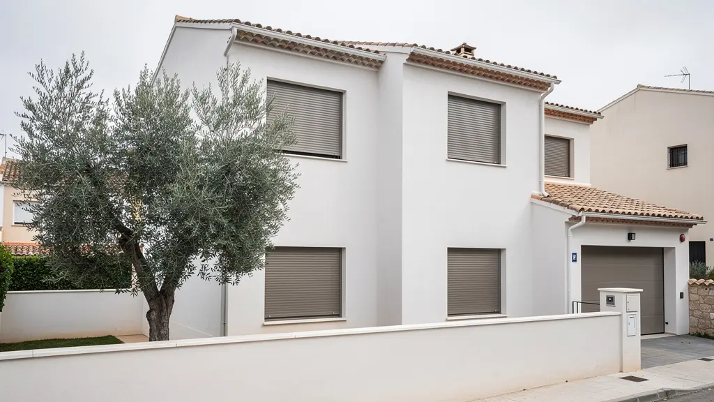 Fachada de vivienda unifamiliar española con contraventanas de aluminio modernas cerradas